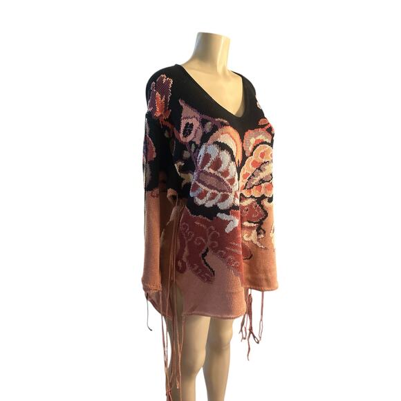 Women 40 S Krizia Maglia Italy Floral Print Sweater Tassel Tie Cotton Black Pink